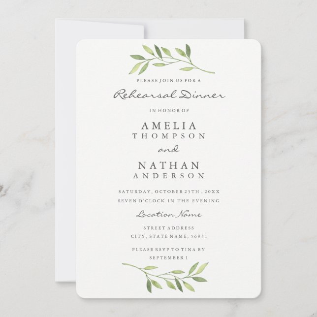 Watercolor Leaf Rehearsal Dinner Invitation (Front)