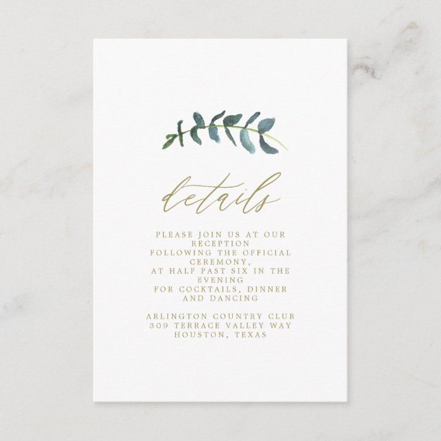 Watercolor Leaf Wedding Details Card (Front)
