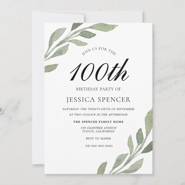 Watercolor Leaf Womans mens 100th Birthday Invite (Front)