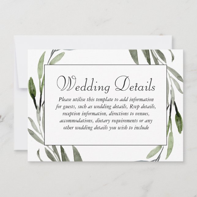Watercolor Leaf Wreath Border Wedding Details Invitation (Front)