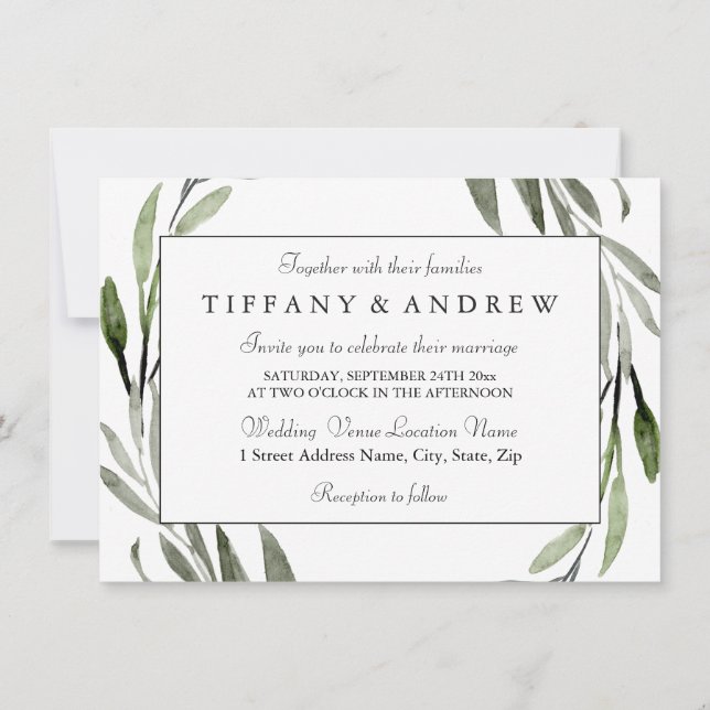 Watercolor Leaf Wreath Border Wedding Invite (Back)