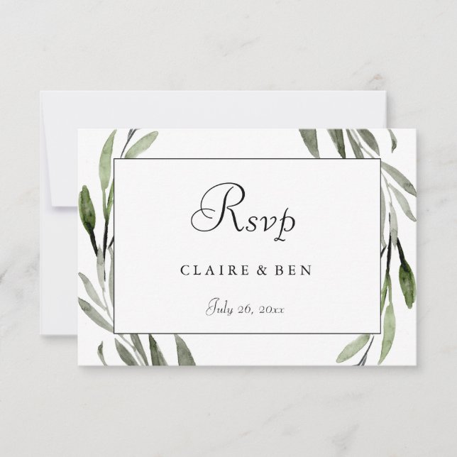 Watercolor Leaf Wreath Border Wedding RSVP (Front)