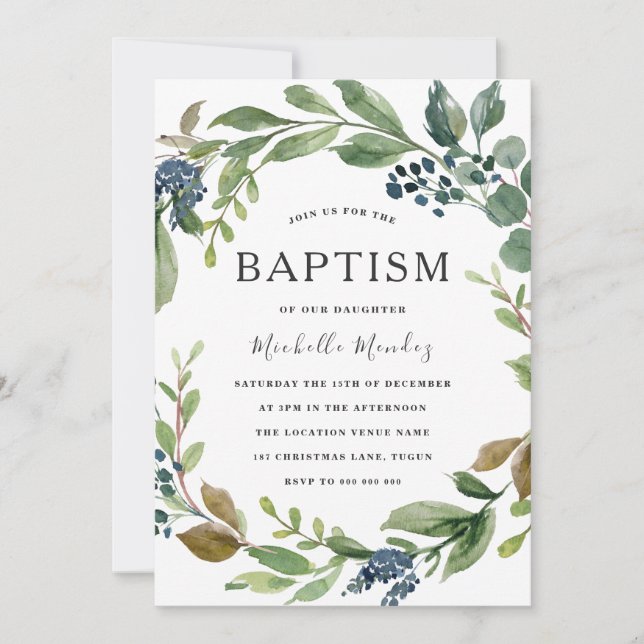 Watercolor Leaf Wreath Modern Baptism Christening Invitation (Front)
