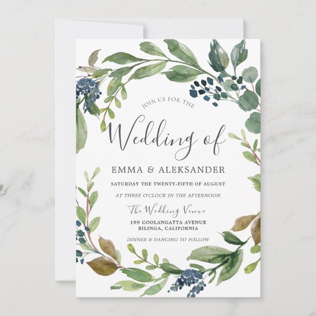 Watercolor Leaf Wreath Modern Fall Wedding Invitation (Front)