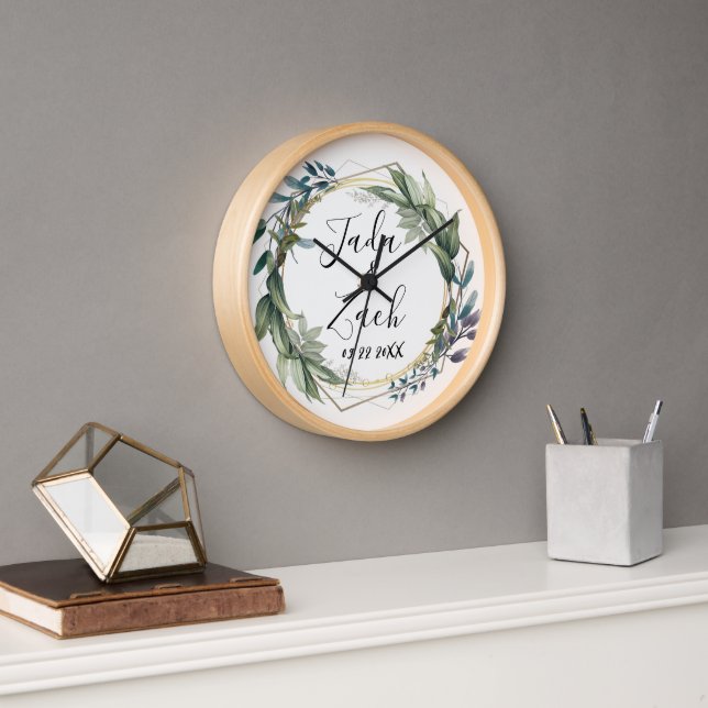 Watercolor Leafy Botanical Wreath Wedding     Clock (Office)