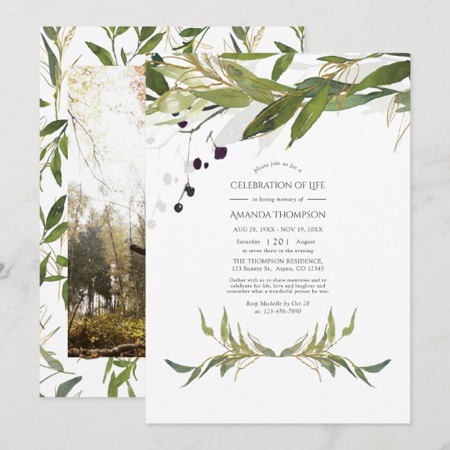Watercolor Leafy Greenery Celebration of Life Invitation (Front/Back)