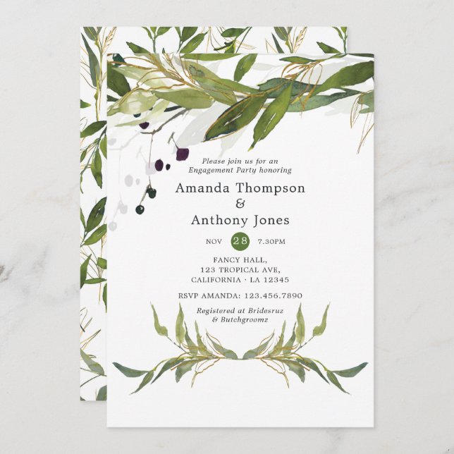 Watercolor Leafy Greenery Engagement Party Invitation (Front/Back)