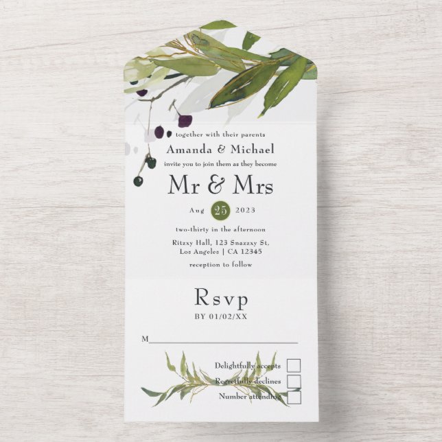 Watercolor Leafy Greenery Wedding All In One Invitation (Inside)