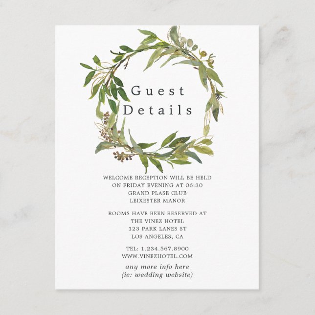Watercolor Leafy Greenery Wedding Guest Details Enclosure Card (Front)