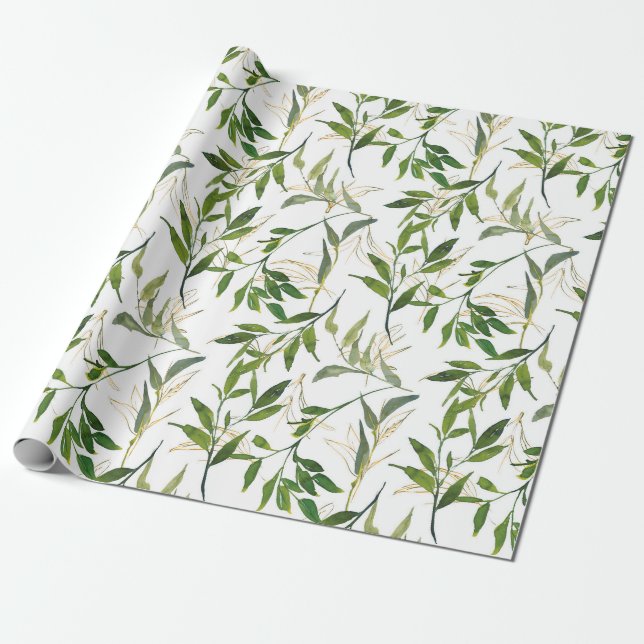 Watercolor Leafy Greenery Wrapping Paper (Unrolled)