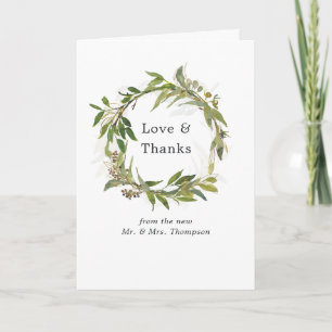 Watercolor Leafy Greenery Wreath Wedding Photo Thank You Card