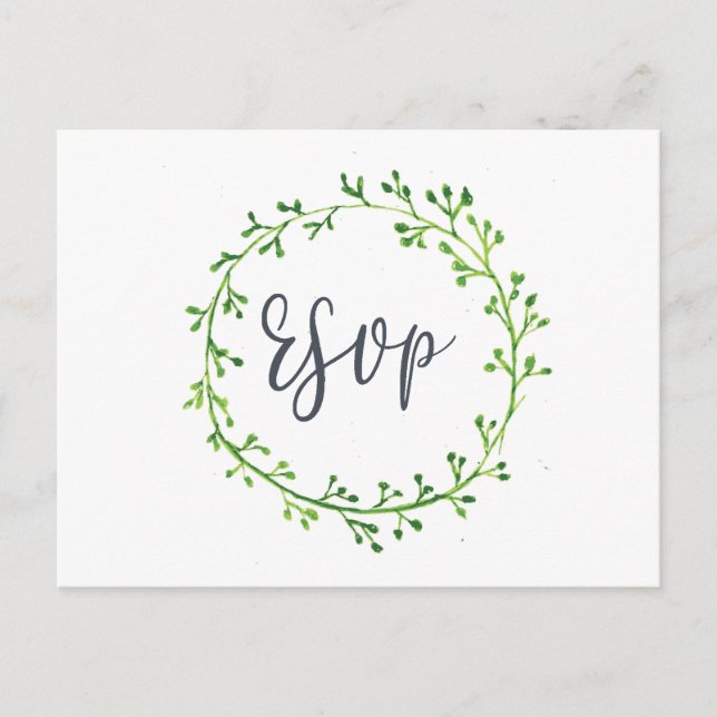 Watercolor Leafy Wreath Wedding RSVP Postcard (Front)