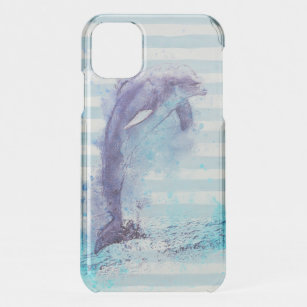 Watercolor Leaping Dolphin Art and Stripes iPhone 11 Case