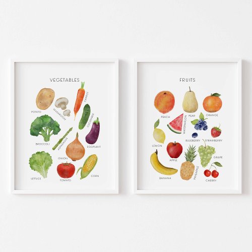 watercolor learning vegies and fruit poster wall art sets
