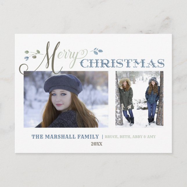 Watercolor Leaves | 2 Photo | Merry Christmas Holiday Postcard (Front)
