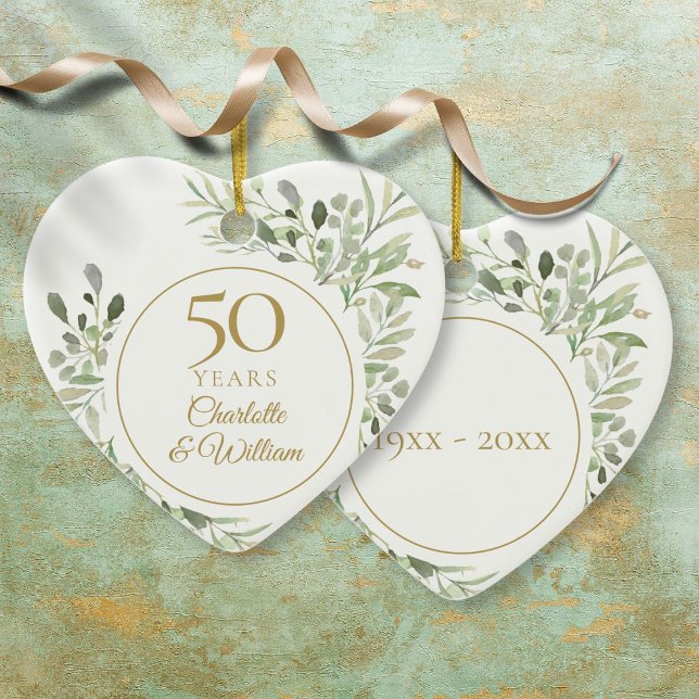 Watercolor Leaves 50th Wedding Anniversary Ceramic Ornament (Watercolor Leaves 50th Wedding Anniversary Ceramic Ornament)