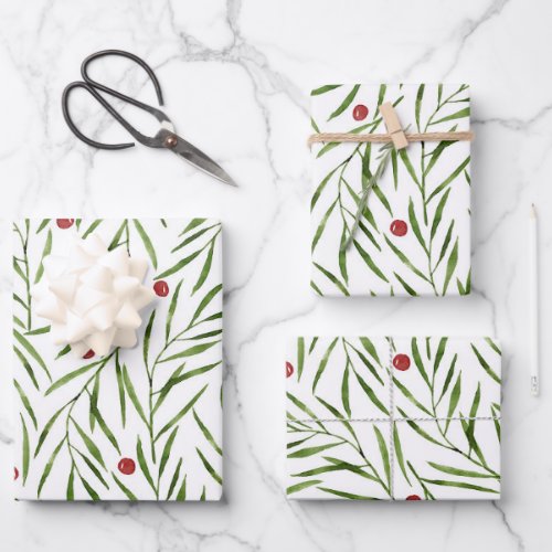 Watercolor Leaves and Berries Winter   Wrapping Paper Sheets