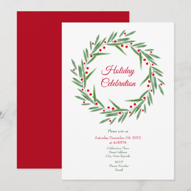 Watercolor Leaves and Berries Wreath Invitation (Front/Back)
