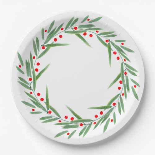 Watercolor Leaves and Berries Wreath Paper Plates