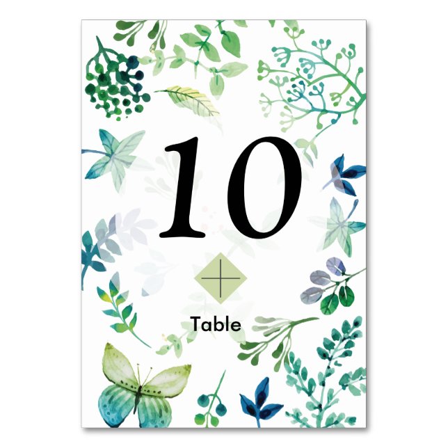 Watercolor Leaves and Butterflies Jungle Table Number (Front)