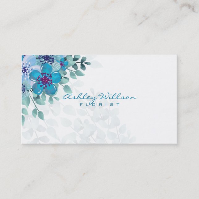 Watercolor Leaves And Flowers Business Card (Front)