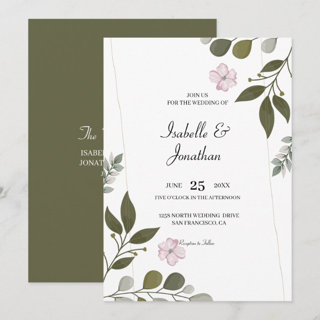 Watercolor Leaves And Flowers Wedding Invitation (Front/Back)