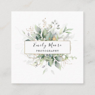 Watercolor Leaves And Gold Foliage Greenery Art Square Business Card