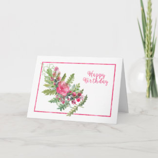 Watercolor Leaves and Pink Flowers Birthday Card