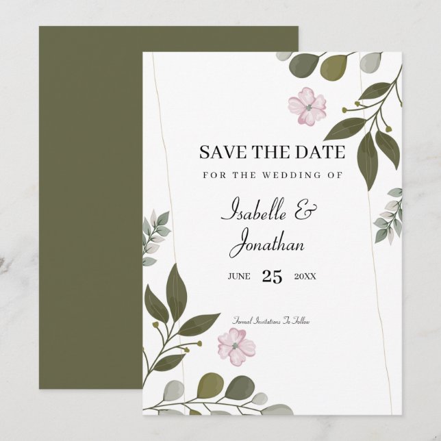 Watercolor Leaves And Pink Flowers  Invitation (Front/Back)
