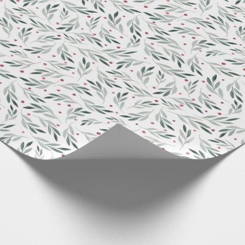 Watercolor leaves and red berries Christmas Wrapping Paper