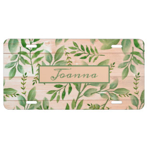 Watercolor Leaves And Wood License Plate