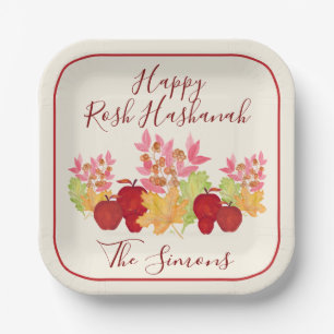 Watercolor Leaves Apples Rosh Hashanah Paper Plates