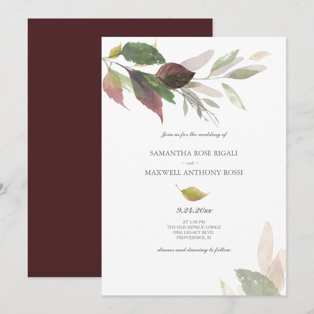 Watercolor Leaves Autumn Marriage Invitation (Front/Back)