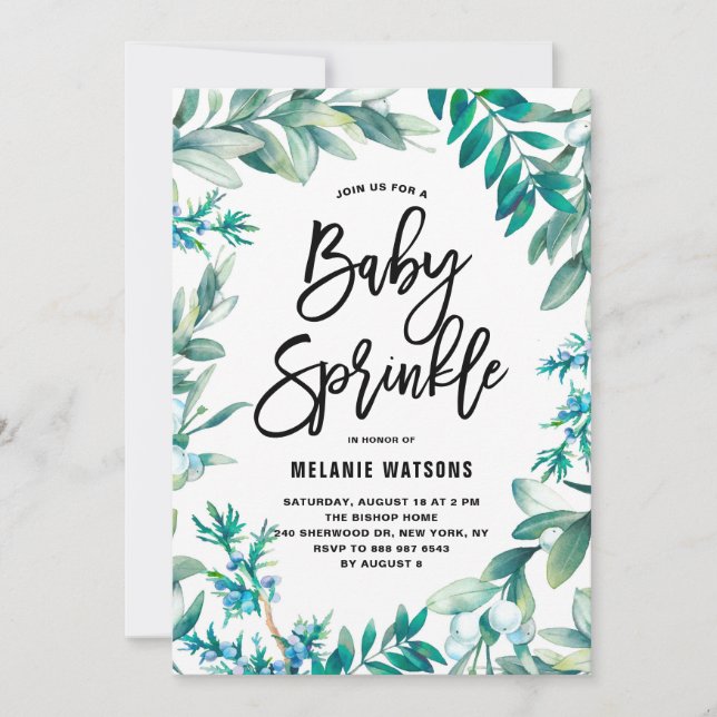 Watercolor Leaves & Berries Wreath Baby Sprinkle Invitation (Front)
