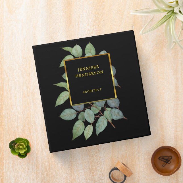 Watercolor leaves black gold professional 3 ring binder (In Situ)