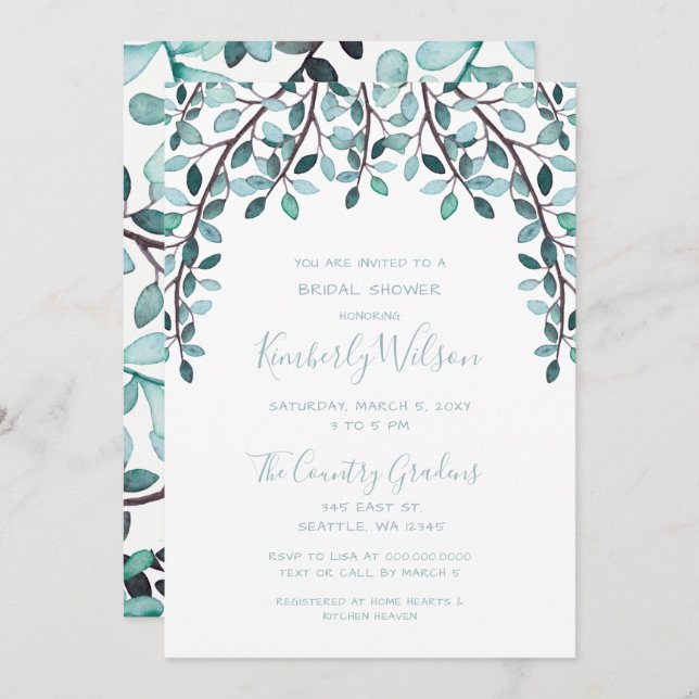 Watercolor Leaves Botanical Bridal Shower Invitation (Front/Back)