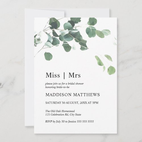 Watercolor Leaves Botanical Miss Mrs Bridal Shower Invitation