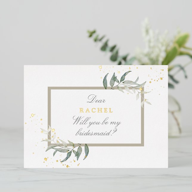 watercolor leaves bridesmaid proposal foil invitat foil invitation (Standing Front)