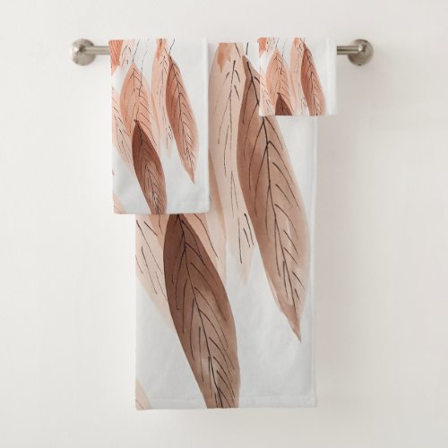 Watercolor Leaves Brown Terracotta Beige Blush Bath Towel Set