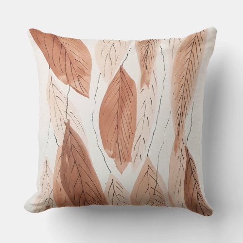 Watercolor Leaves Brown Terracotta Beige Gray Throw Pillow