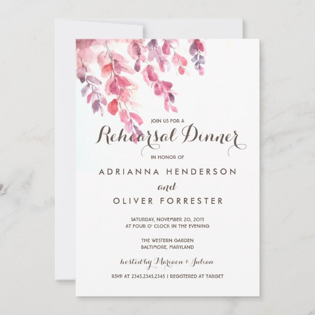 Watercolor Leaves Chic Rehearsal Dinner Invitation (Front)