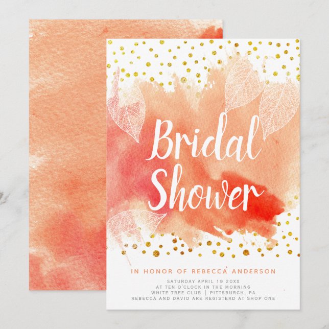 Watercolor leaves, confetti wedding bridal shower invitation (Front/Back)