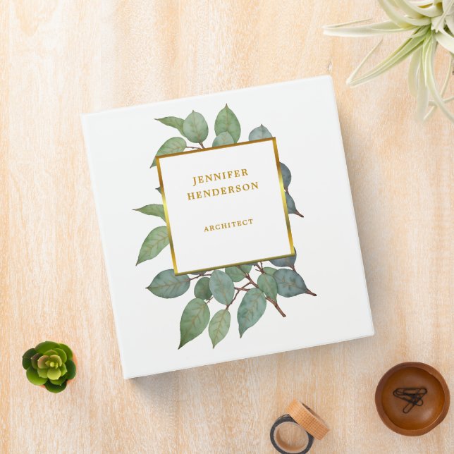 Watercolor leaves elegant gold professional 3 ring binder (In Situ)