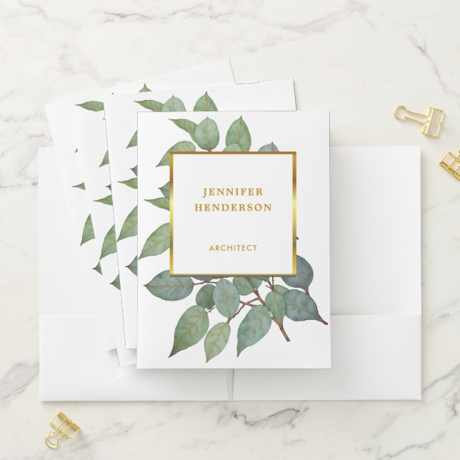 Watercolor leaves elegant gold professional pocket folder (In Situ)