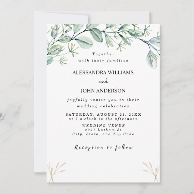 watercolor leaves eucalyptus/champagne invitation (Front)