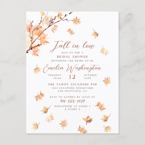 Watercolor Leaves Fall In Love Bridal Shower Invitation Postcard