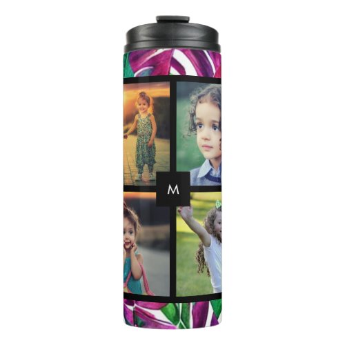 Watercolor leaves family photo collage monogrammed thermal tumbler