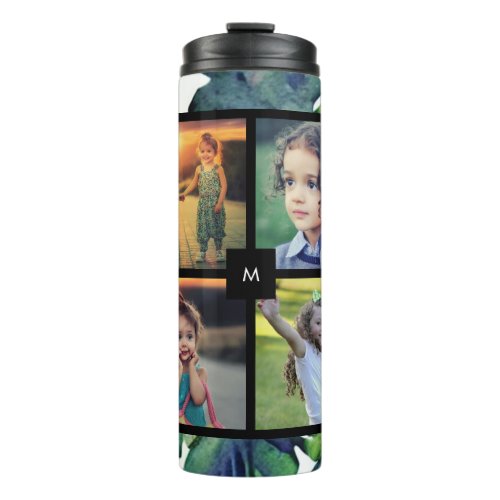 Watercolor leaves family photo collage monogrammed thermal tumbler