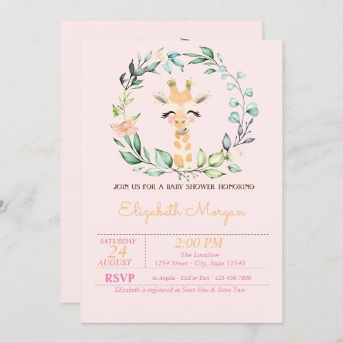 Watercolor Leaves Flower Baby Giraffe Baby Shower  Invitation