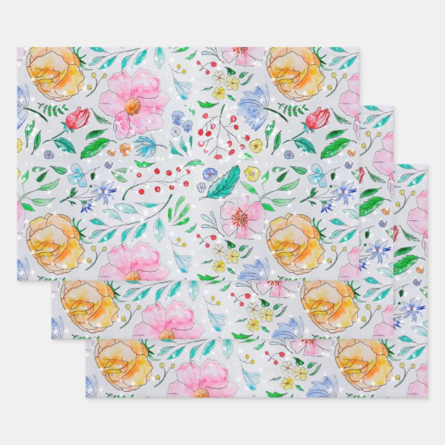Watercolor Leaves & Flowers  Wrapping Paper Sheets (Set)